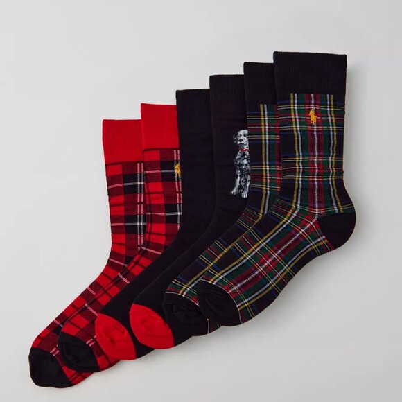 NWT Polo Ralph Lauren Black/Red/Green Tartan Plaid Dalmatian Dog Socks 3-Pack - Picture 2 of 4